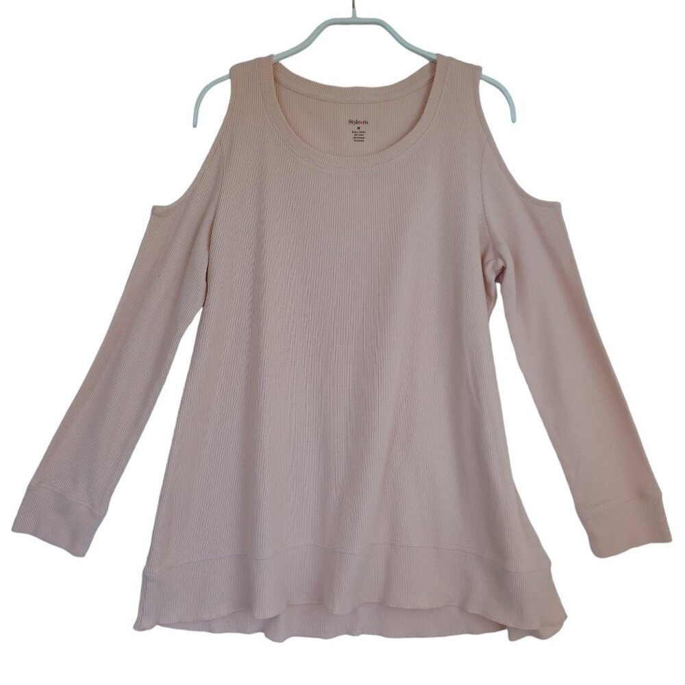 Style & Co Tee Shirt Cold Shoulder Long Sleeve Waffle Knit Top Peachy Pink Med